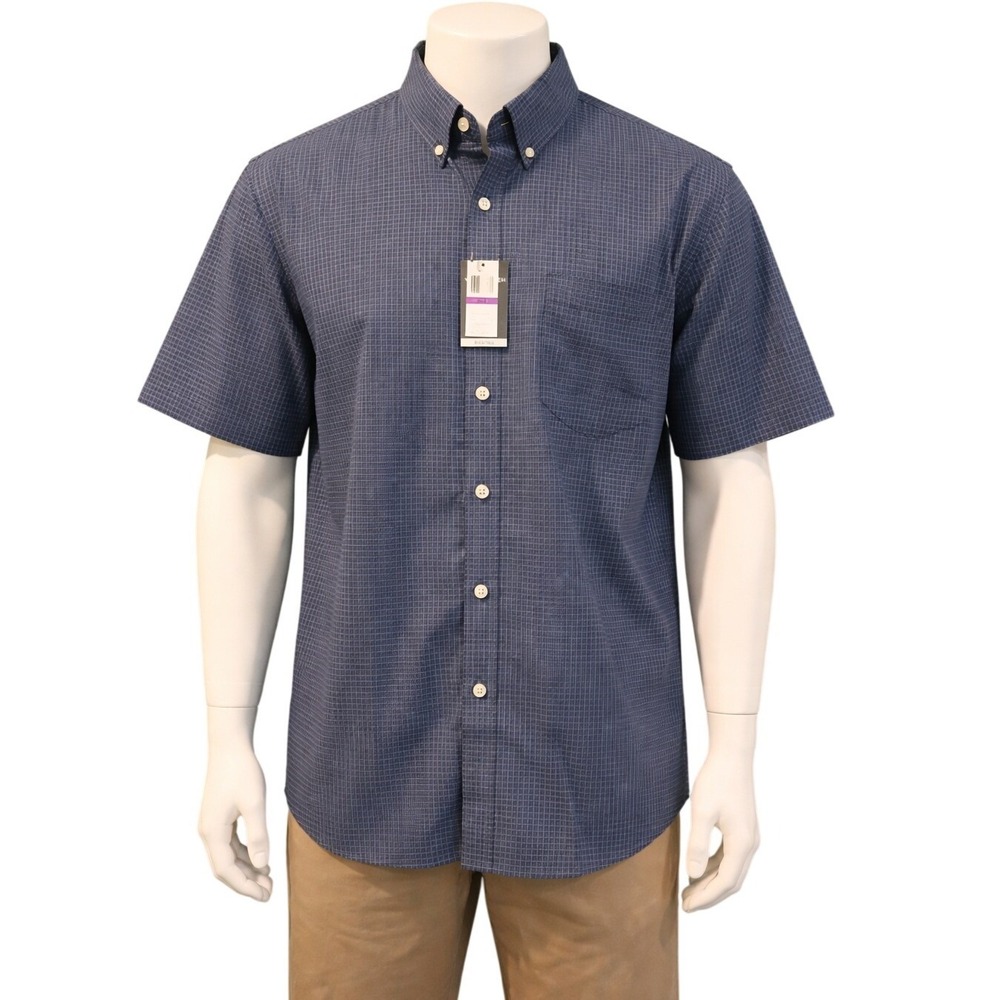 Van Heusen Mens 2XLB Big & Tall Short Sleeve Button Down Shirt Blue Grid NWT